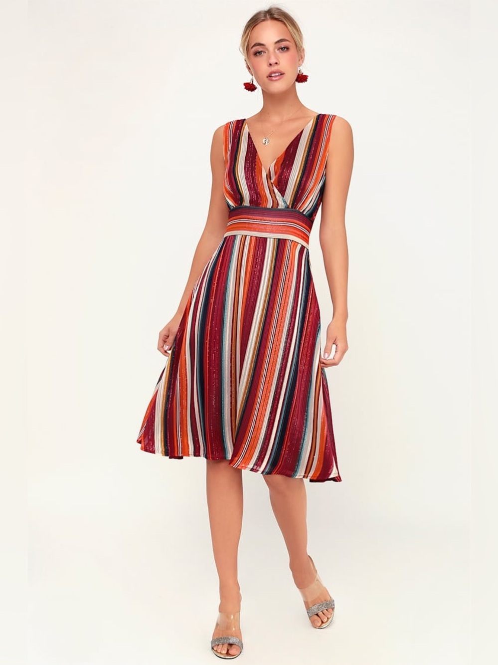Lulus Make my Dreams Come True V Neck Striped Midi Dress Medium Colorful